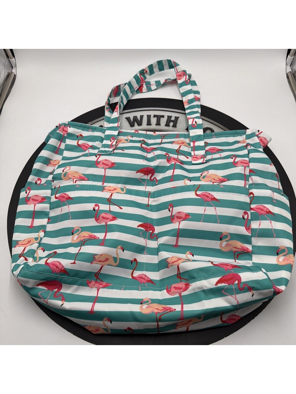 Large Waterproof Beach Tote Bag for Women with Zipper Green Flamingos